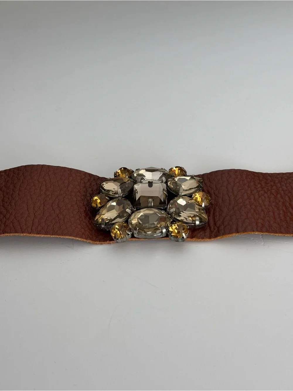 Statement Rhinestone Leather Cuff Bracelet Champagne Crystal Wide Cuff